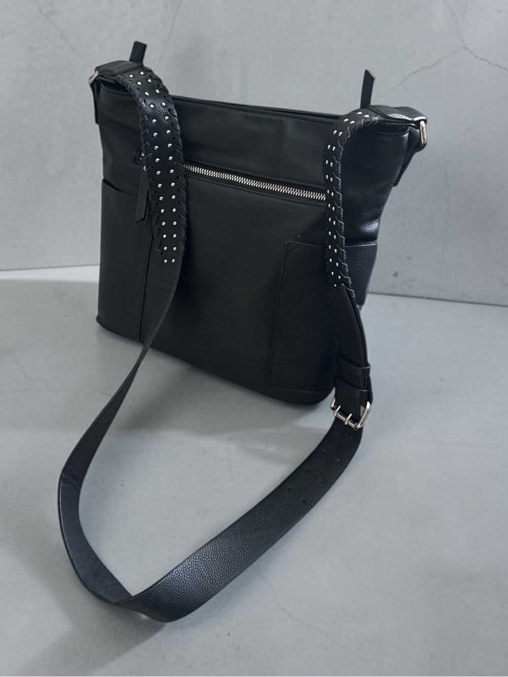 Joy Susan Classic Black Leather Crossbody Shoulder Bucket Bag Stud Accents